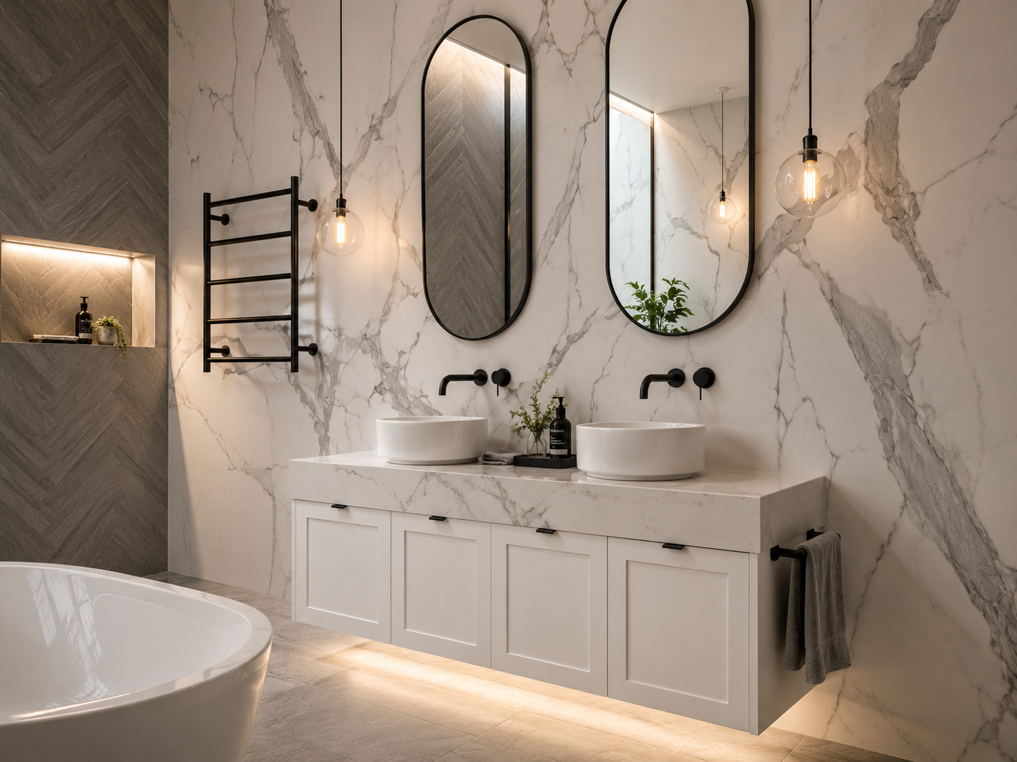Luxury marble bathroom renovation with twin basins and black fixtures completed by Aurum Built, Sydney