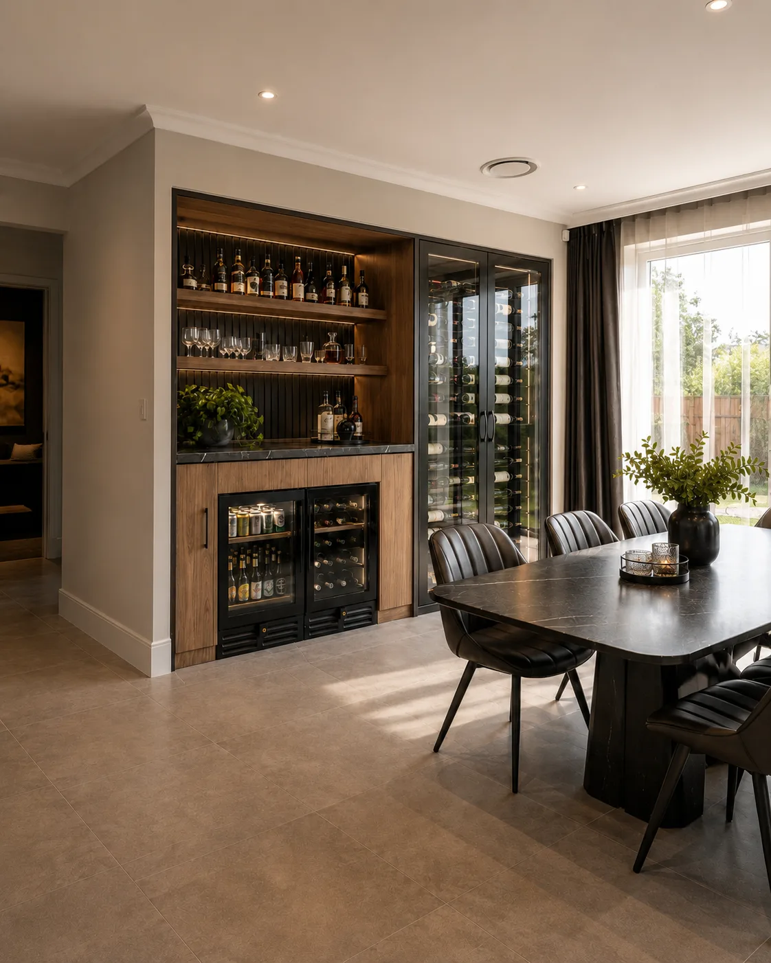 Custom bar and wine cabinetry with stone benchtop in a renovated Sydney dining room