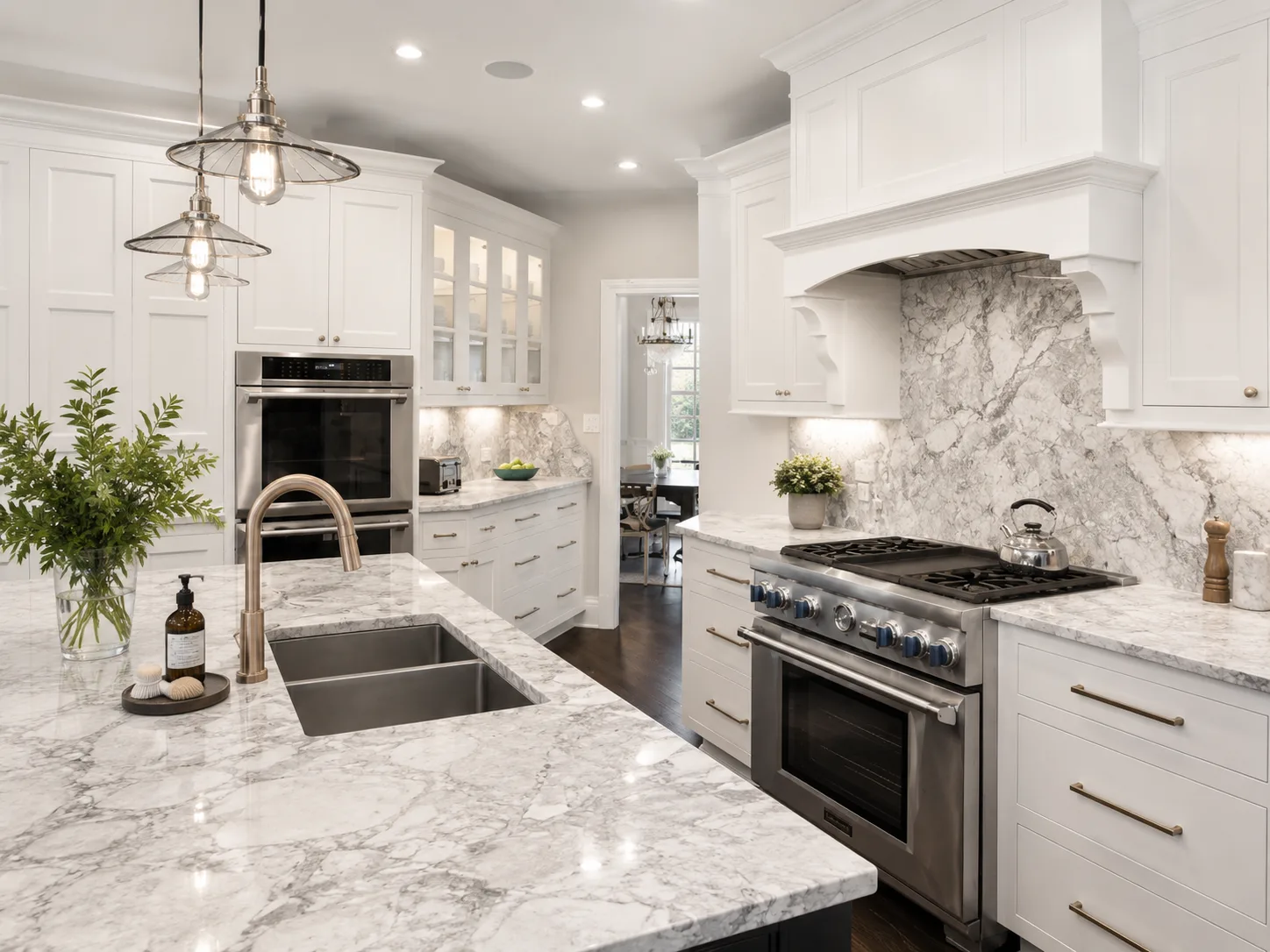 Premium white marble kitchen renovation with island bench and pendant lighting by Aurum Built, Sydney