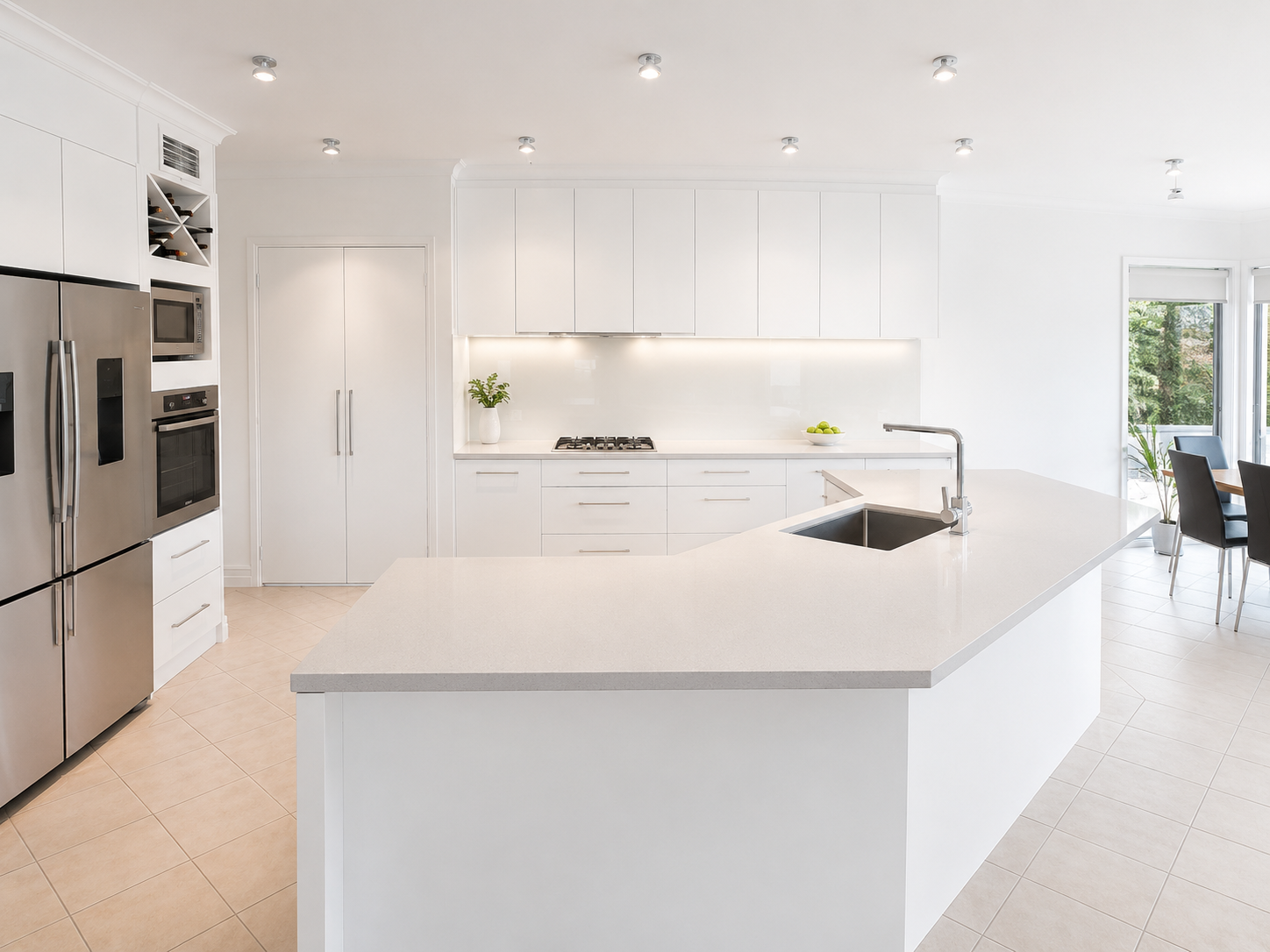 Bright white kitchen with large island bench and integrated appliances