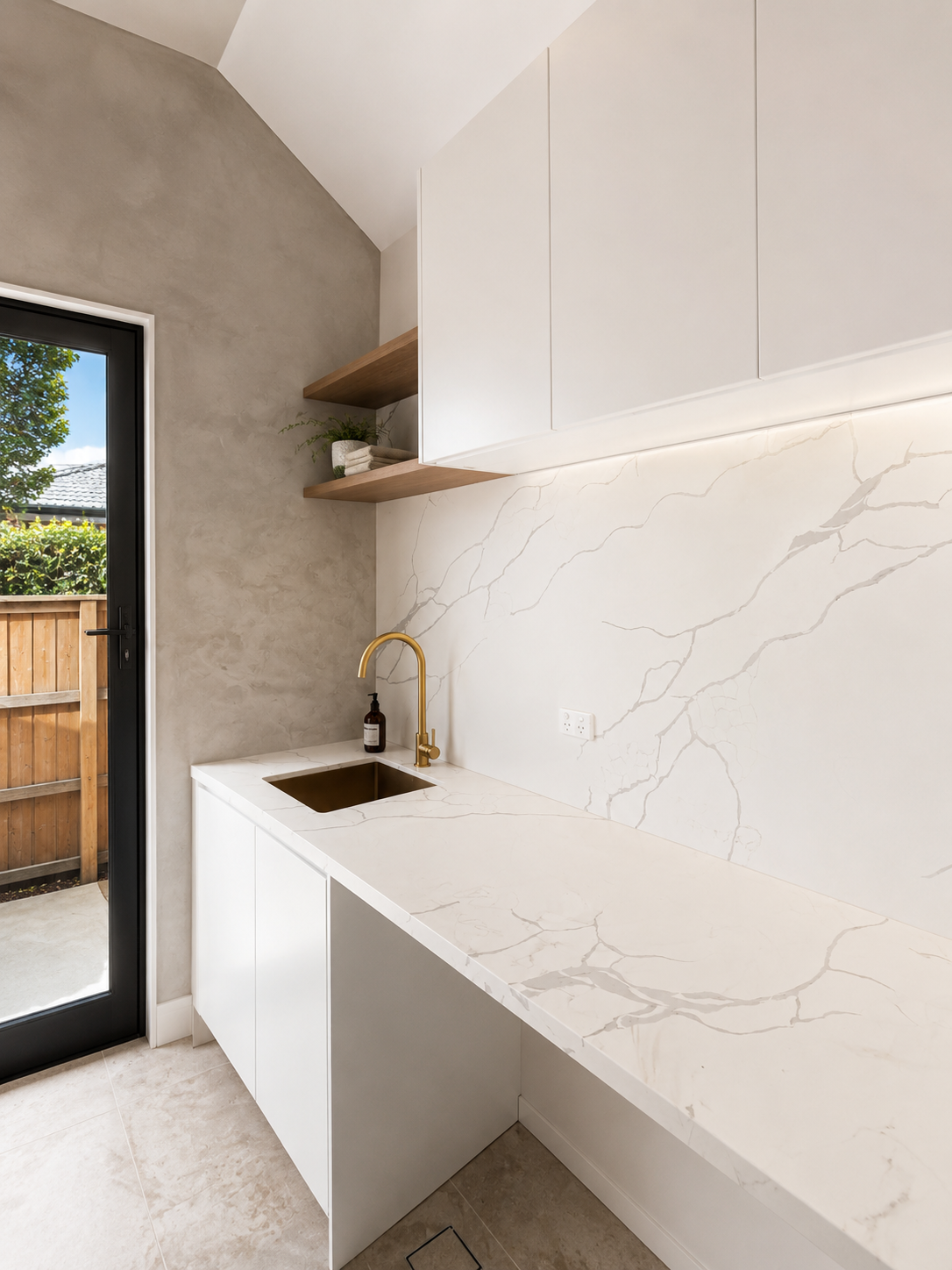 Laundry bench with marble-look surfaces, brass tapware and timber shelves