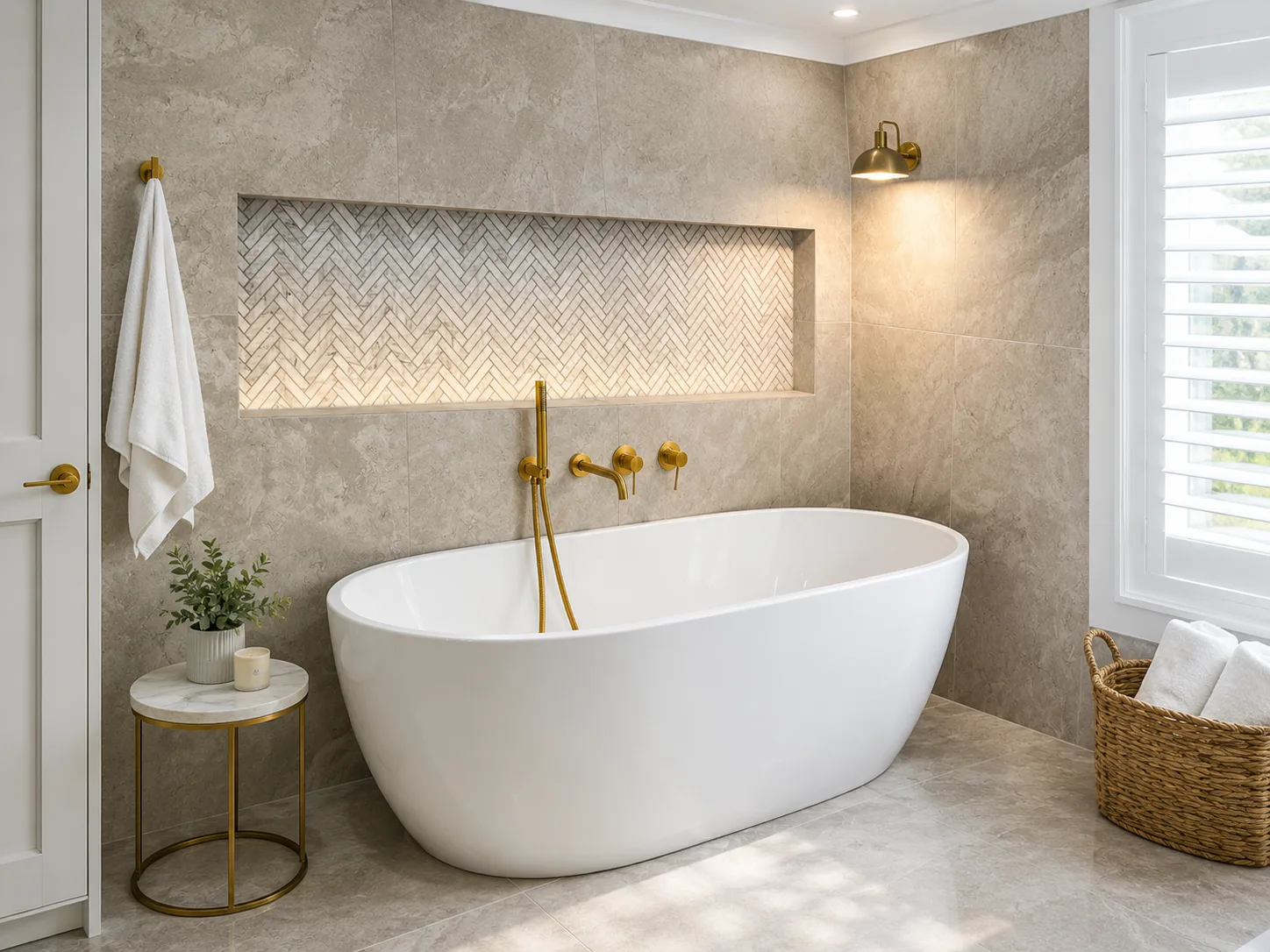 Freestanding bath with brass tapware and herringbone tiled niche by Aurum Built