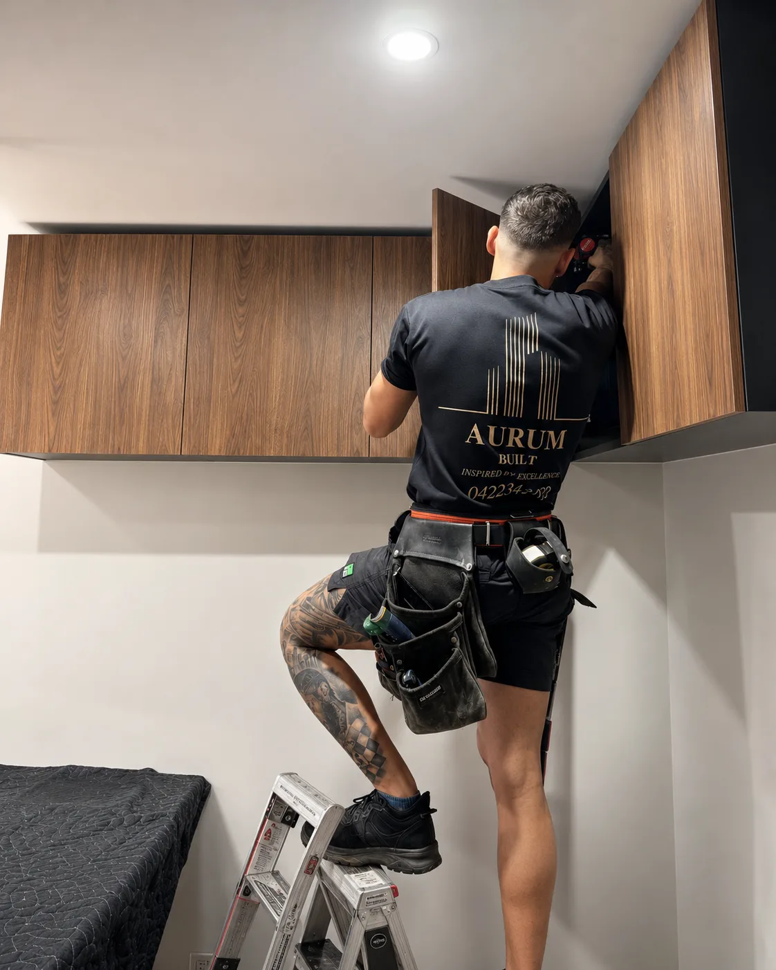 Aurum Built carpenter installing custom cabinetry on site