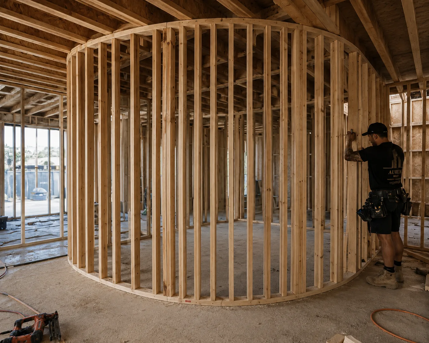 Aurum Built carpenter framing a curved timber stud wall on a Sydney construction site