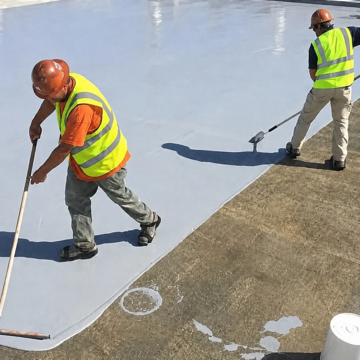 Aurum Built workers applying a waterproofing membrane to a concrete deck during remedial works