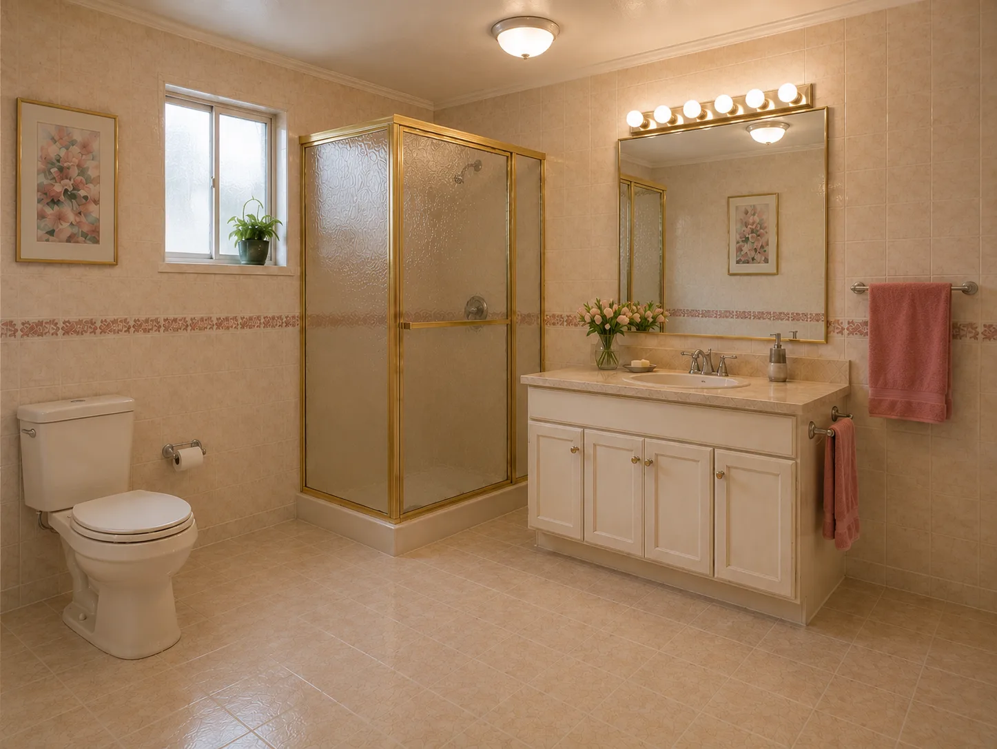 Peach-tiled family bathroom before renovation, with a gold-framed corner shower, single-basin vanity and toilet