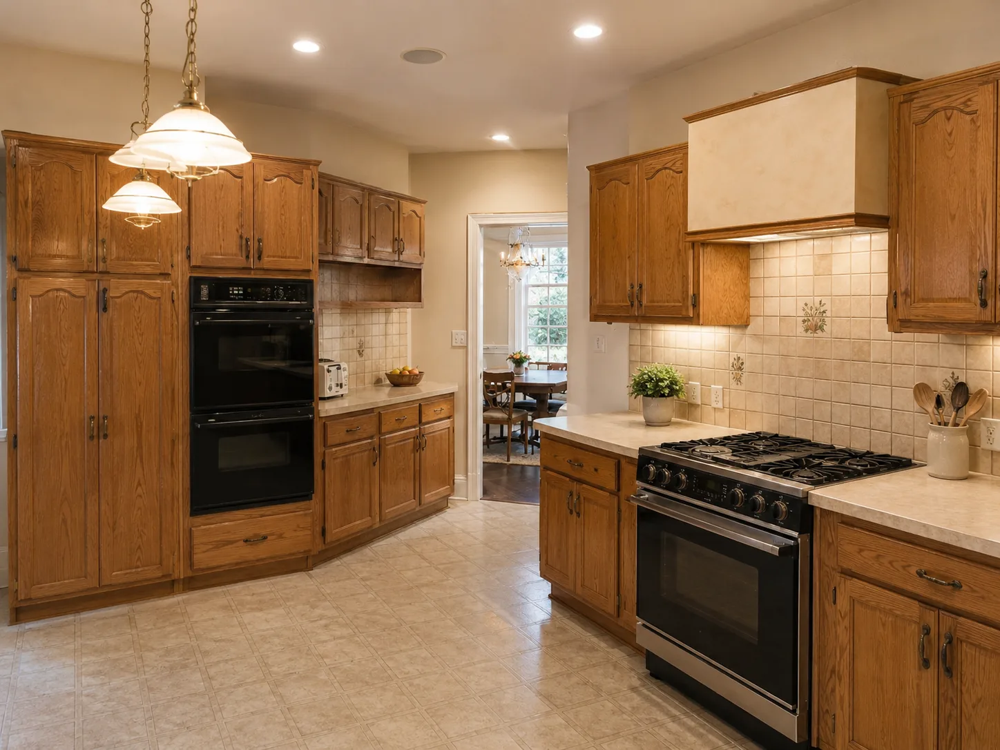 Oak-cabinet kitchen before renovation, with a black double wall oven, tiled splashback and stainless gas range